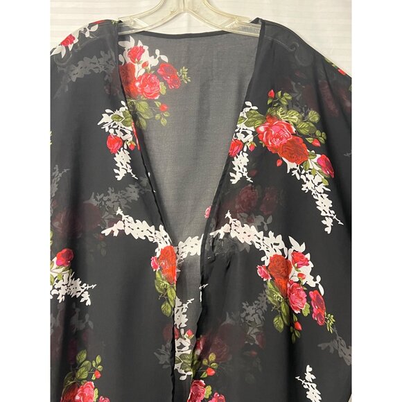 Floral Open Front Kimono Cardigan Black Sheer Cover-Up 2XL Lightweight Plus Size - Picture 3 of 13